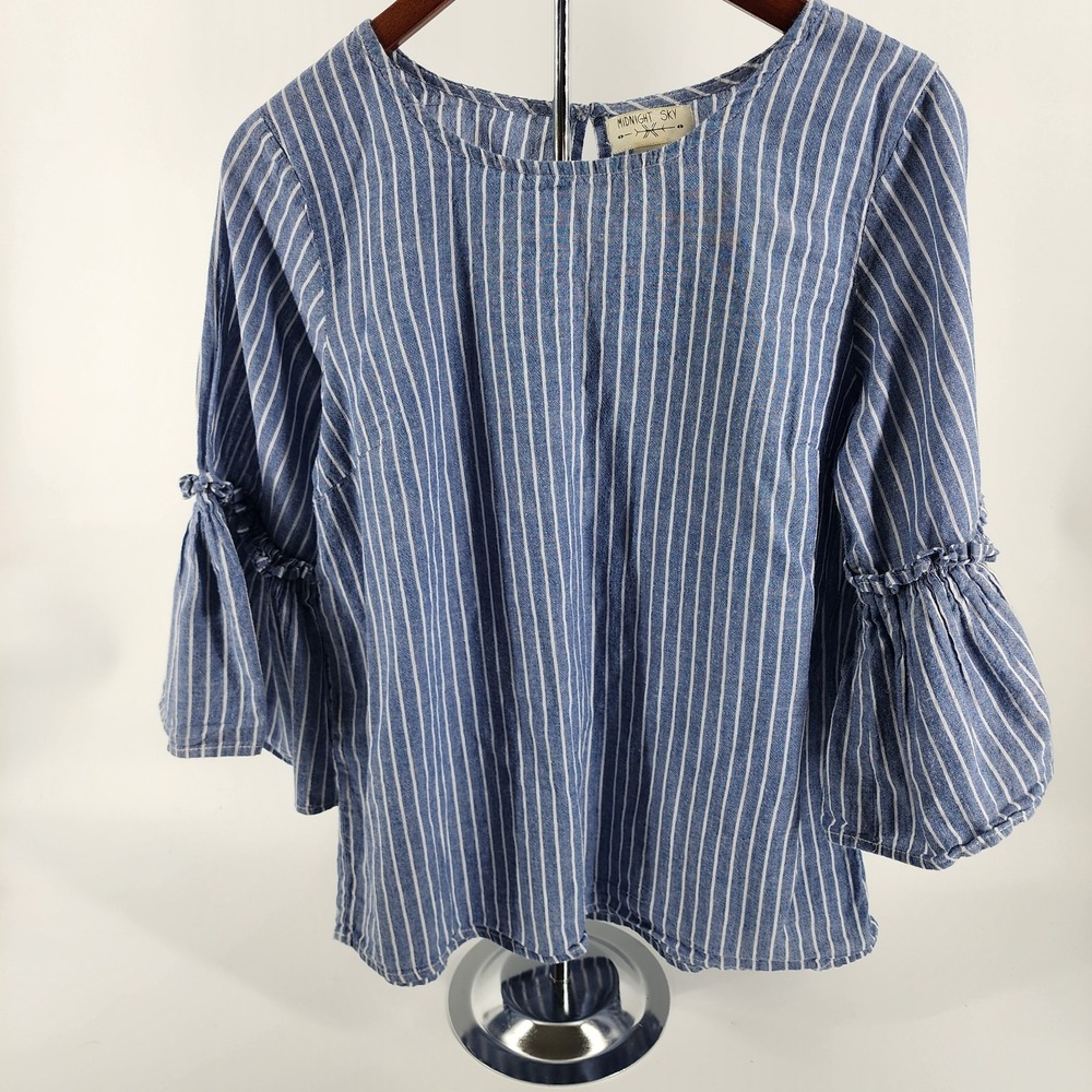 MIDNIGHT SKY Womens Large Denim Stripe Flare Sleeve Boho Shirt Top